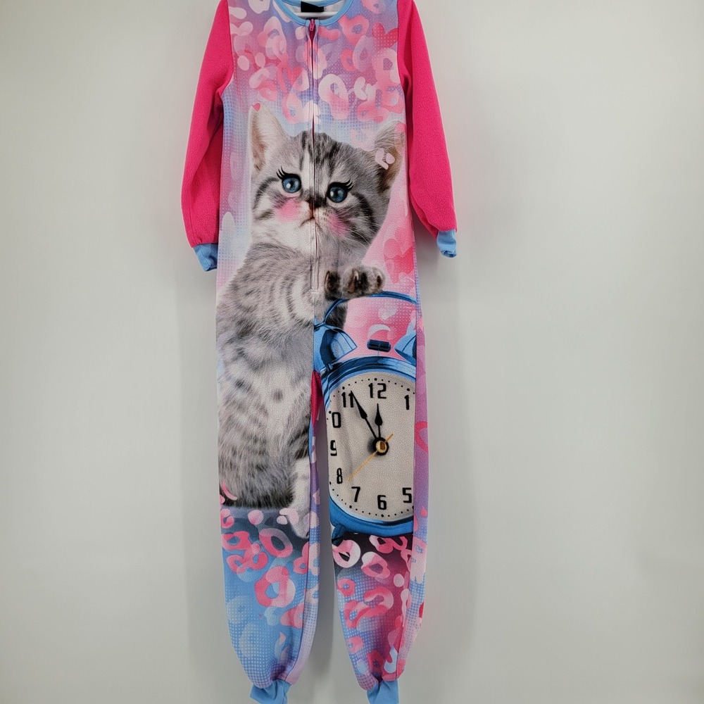 Jellifish Kids Girls Size 6/6X Pink Blue Kitten Cozy Fleece One Piece Pajamas